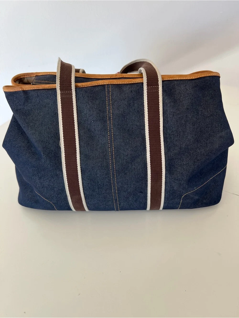 Coach Vintage Y2K Denim Varsity Stripe Large Denim Tote Bag Leather Trim 3K-7544